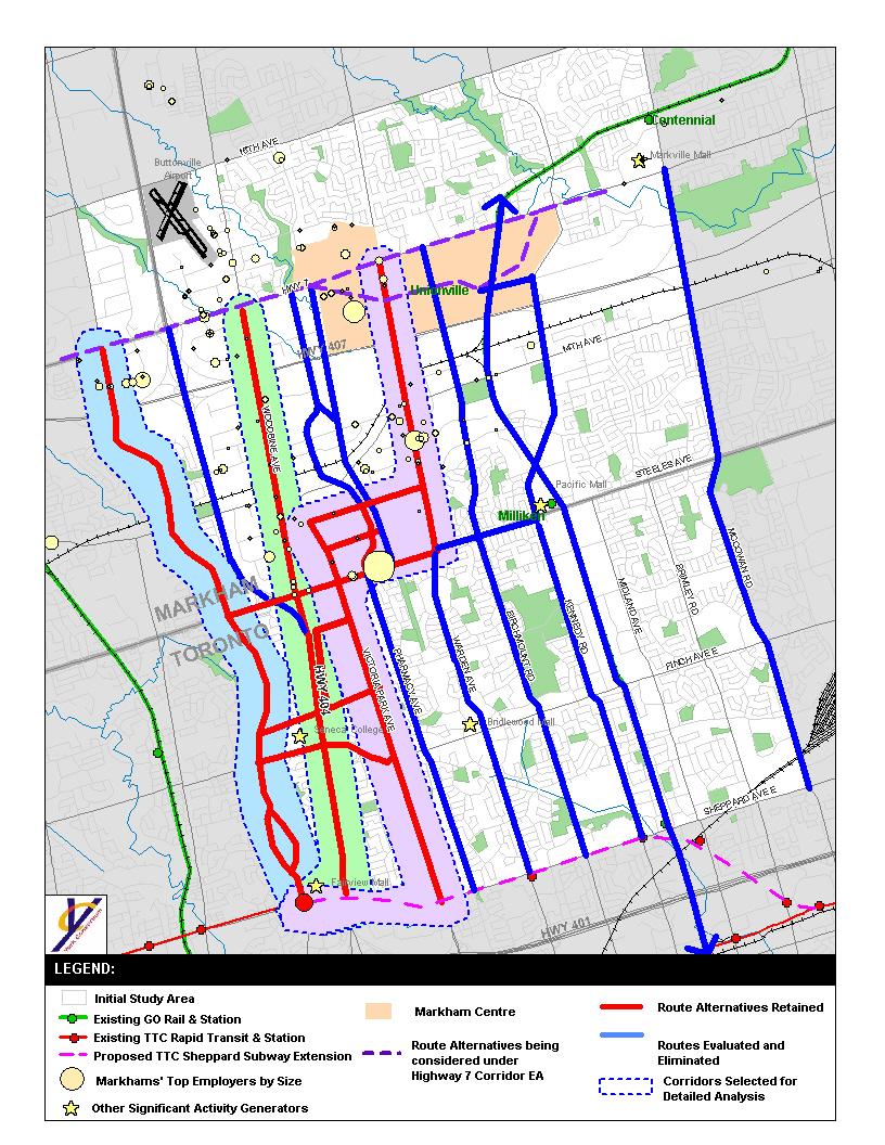 One route that has been considered in previous studies, but was not assessed in detail in this EA is the north-south Hydro corridor running west of Warden Avenue.