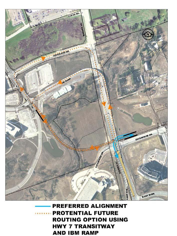 8 8.3 DEVELOPMENT OF SEGMENT ALIGNMENT ALTERNATIVES In Chapter 5, three basic route alternatives were developed and compared and the Warden Avenue route alternative was selected as the preferred