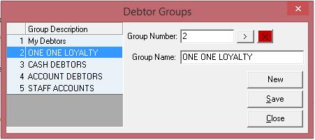 The Debtor Groups window will open. Select the [>] button to create a new group number. Once the number is displayed type in the description of the new Debtor Group in the Group Name field.