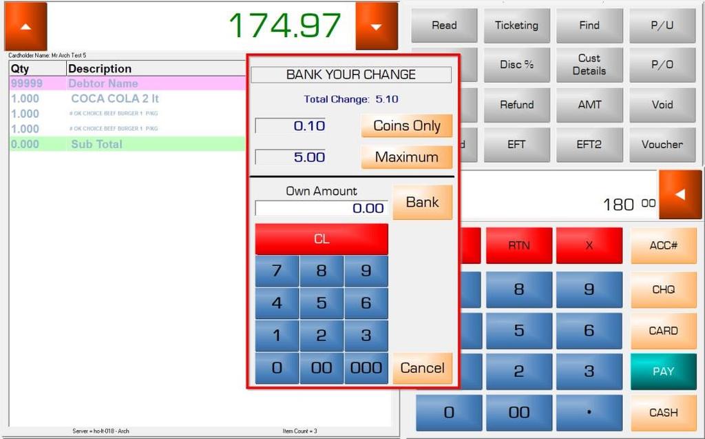 4. Bank Your Change functionality Functionality has been added to permit loyalty card users to add their coin change to their loyalty as a load funds transaction, instead of taking the change.