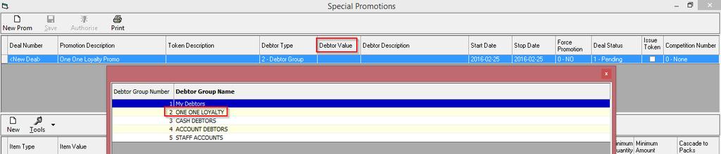 Special Promotion Setup To set up a Special Promotion the user needs to go to Programming > Special Promotions Field Promotion Description Debtor Type Debtor Value Start Date Stop Date Description