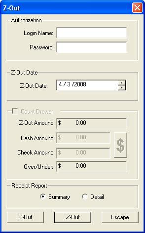 Managing the Cash Drawer 11 11 Figure 11-4: Z-Out Window If you click Escape to close the window instead of clicking Z-Out, the window closes but the current Point of Sale session remains open.