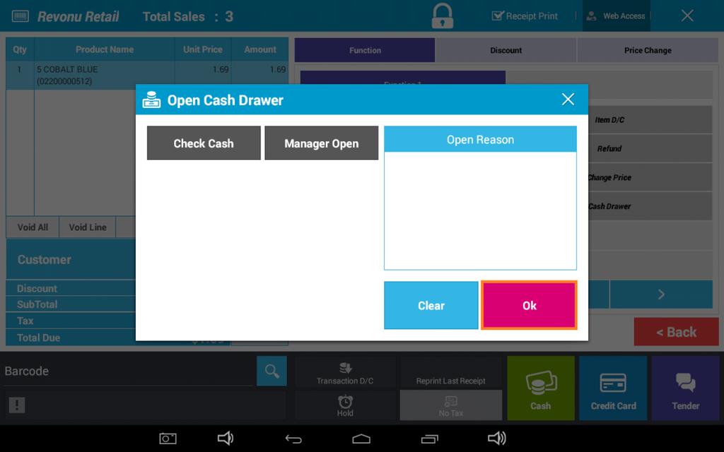 Select Menu and press OK button to open cash drawer C.