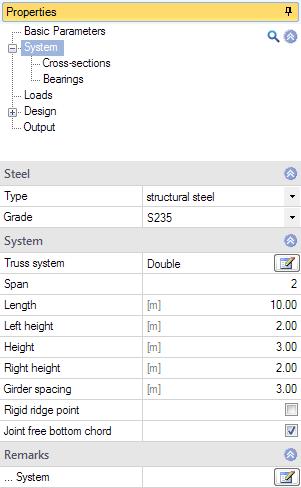 Depending on the selected type of truss, the associated system dimensions are displayed for selection (number of spans, height, length etc.