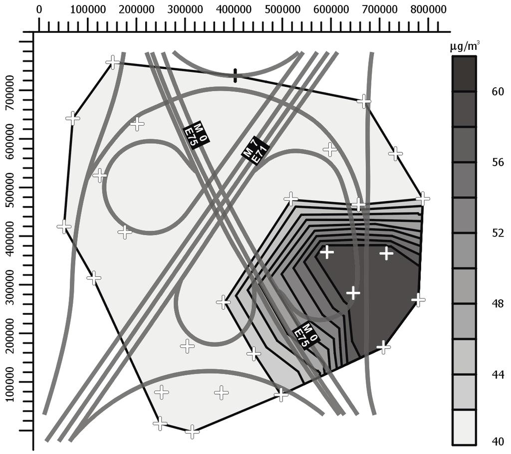 82 Air Pollution XVI are shown around an intersection near Budapest in fig. 4 and fig. 5. The distance between receptors (indicated by cross in figures) is 100 m.