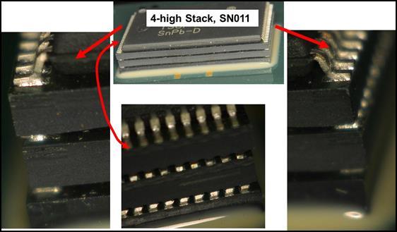 Fig. 5. Representative image of the 2-high (top) TSOP/DFN stack solder joint assemblies after 500 thermal cycles ( 55 C to +125 C) showing signs of solder damage and failure. Fig. 6.
