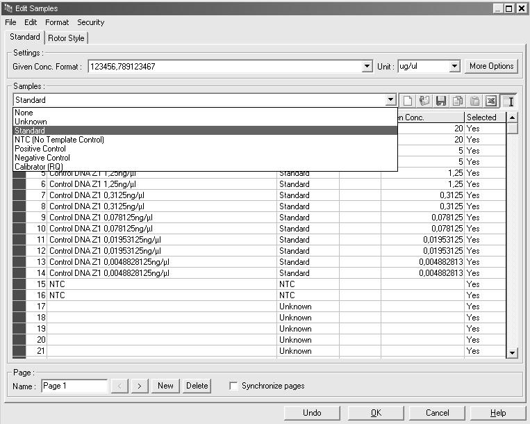 If the template file is not loaded, use the dropdown menu to define the sample type in each of the