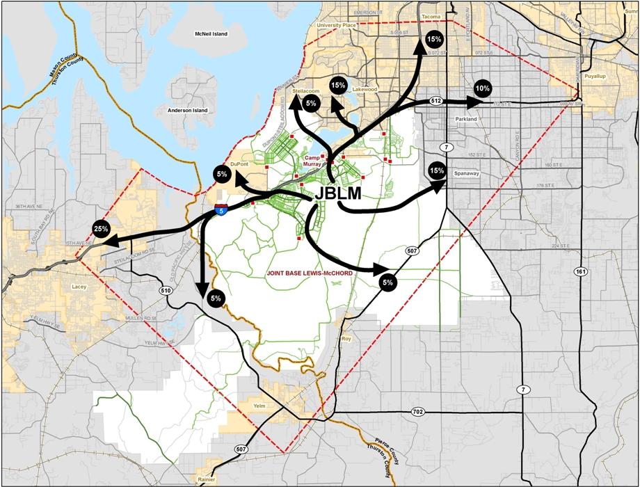 JBLM TRIP DISTRIBUTION / TRAVEL PATTERNS Approximately 80% oriented to/from I-5 ~30% to Thurston County