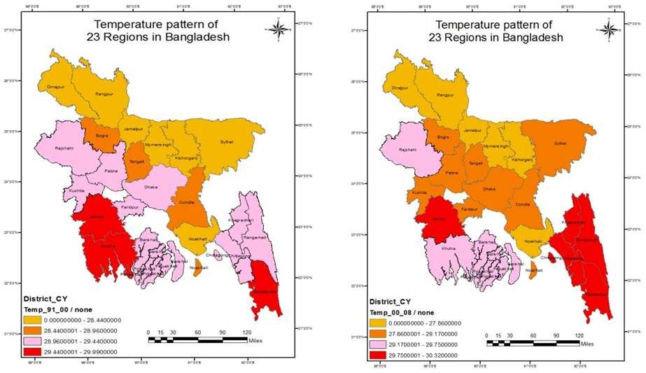 distribution pattern of temperature at different time periods. Overall observation shows that the hottest places over 37 years are Khulna and Bandarban regions.