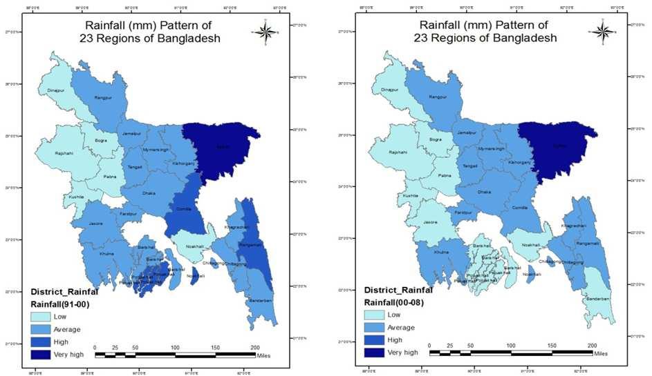 92 Md. Abu ZaferSiddik et al.: Spatial Distribution of the Effect of Temperature &Rainfall on the Production of Bororice in Bangladesh Figure7: Rainfall variation during 1991-00 &2000-08 4.3.