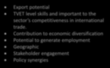 employment Geographic Stakeholder engagement Policy synergies Identify