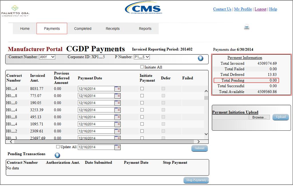 4) On the Payments tab, review the Payment Information region for pending items. In the following example, the Total Pending field contains no pending items.