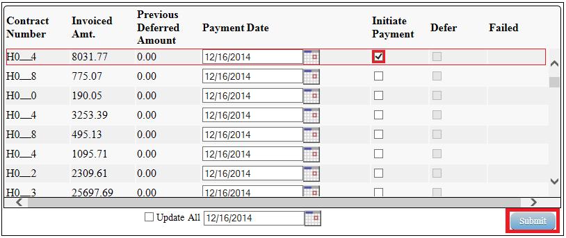 6) To select an individual invoice line item for payment processing, populate a check mark in the Initiate Payment check box.