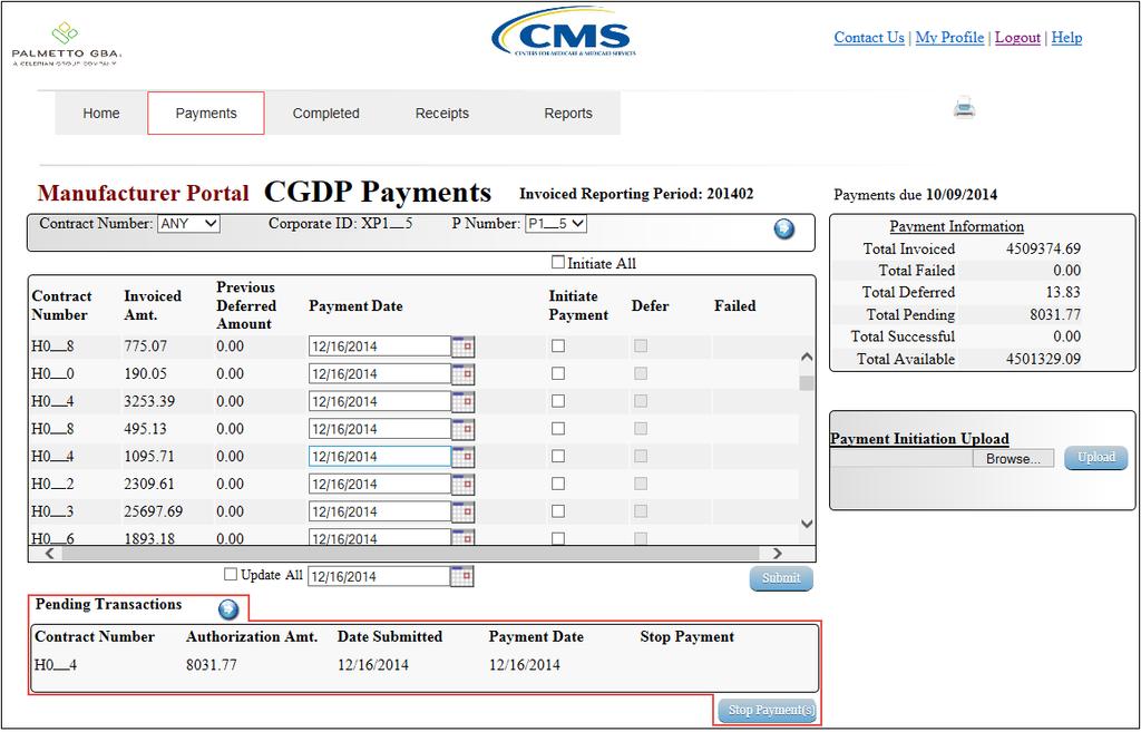 8) Once the invoice line item processes, review the Payments Pending Transactions region for pending invoice line item payments.