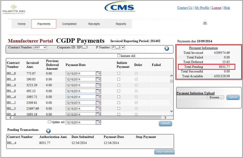 9) The Payments Information region updates the Total Pending field with the amounts listed in the Payments Pending Transactions region.