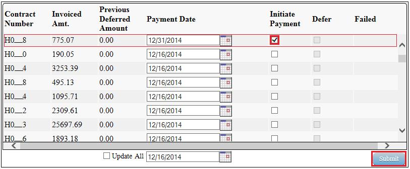 6) To select the future dated individual invoice line item for payment processing, populate a check mark in the Initiate Payment check box.
