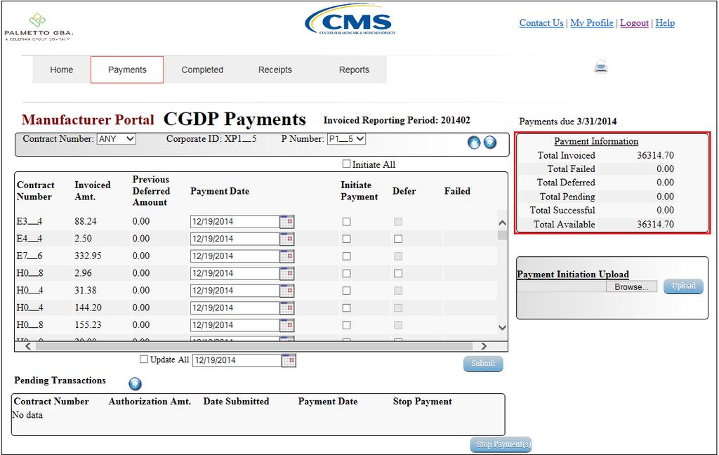 4) On the Payments tab, review the Payment Information region to view the balances displayed.