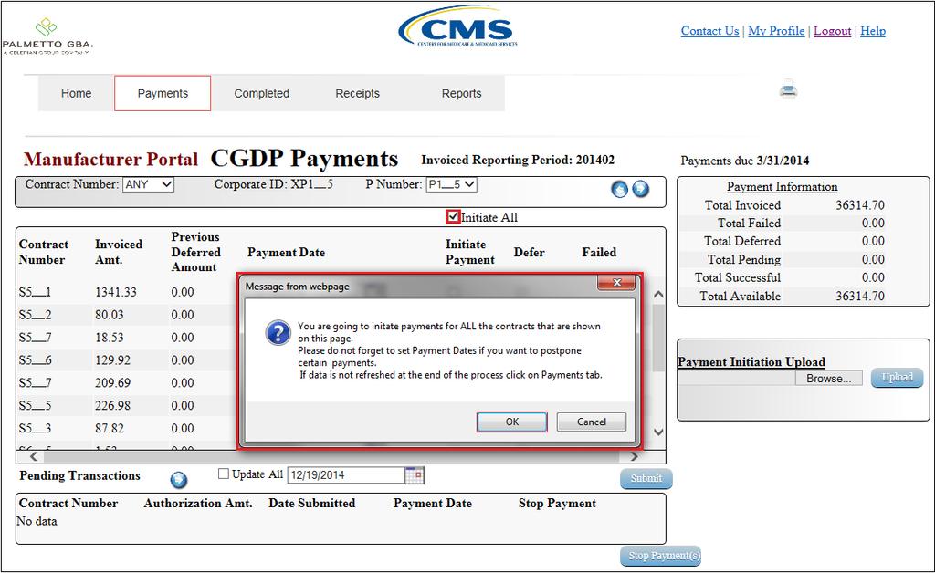 6) Populate the Initiate All check box with a check mark to select all invoice line items displayed on the active page.