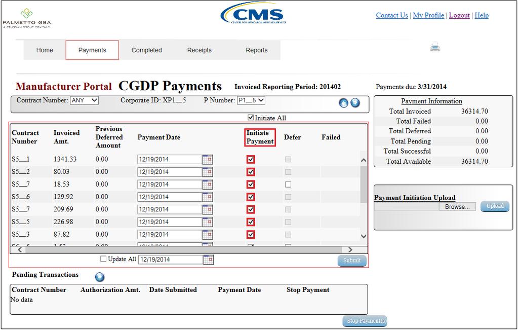 8) The Payments Initiation region displays the Initiate Payment field check box with a check mark populated for all invoice line items available on the active page.