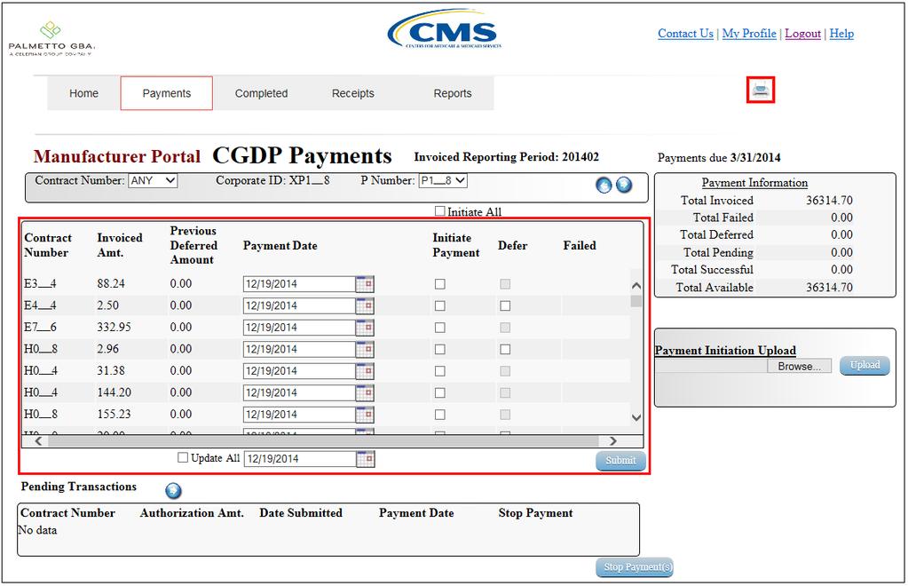 4) On the Payments tab, review the Payments Initiation region to view the invoice line items available for payment processing.