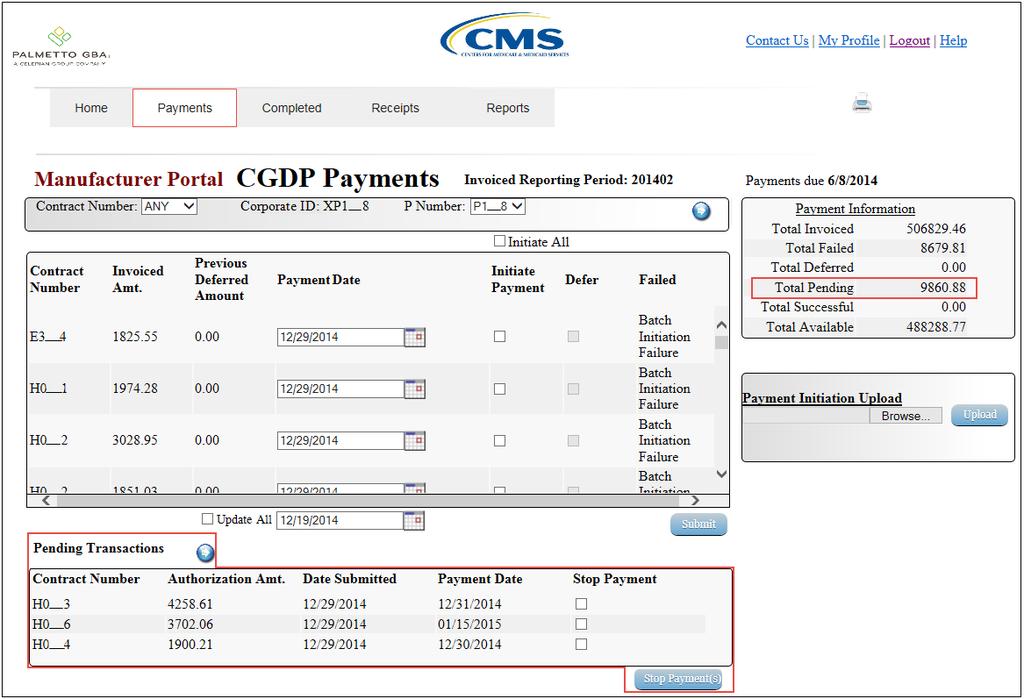 21) The successfully initiated invoice line item payments display in the Payments Pending Transactions region.