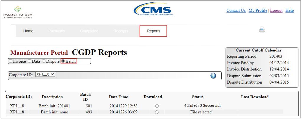 22) To review the successful and failed batch text files, select the Reports tab and populate the Batch radio
