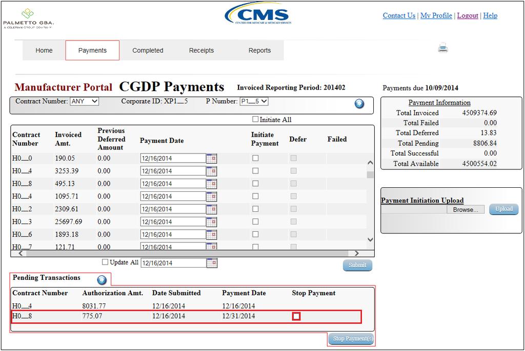 5) Review the Payments Pending Transactions region to verify future dated invoice line items available for stop payment processing.