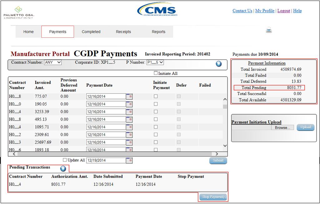 10) Once the stop payment functionality processes, review both the Payment Information region to verify the Total Pending field amount no longer includes the amount of the stop paid invoice line