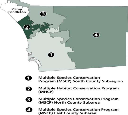 Map 2 San Diego Region Habitat Conservation Planning Areas Six jurisdictions, including a portion of the unincorporated area of the County, have approved habitat conservation plans and signed