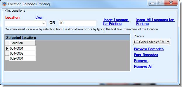 4. Under Printer Settings (bottom), select your printing options, and then click Print. Print Location Barcodes 1. Open the Barcoding menu, click Location Barcodes. 2.