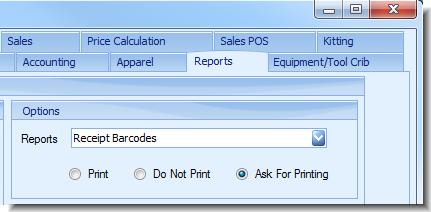 Barcode Printing and Global Settings Open the Barcode Printing Window after You Save a Receipt You can have the Barcode Printing window automatically open after you save a receipt.