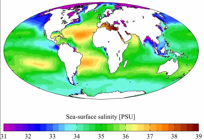 10.2 How Ocean Water Differs from Fresh Water Ocean water s salinity = 200X greater than fresh water w Average salinity of oceans is 35 parts per thousand w Oceans at equator (evaporation) and