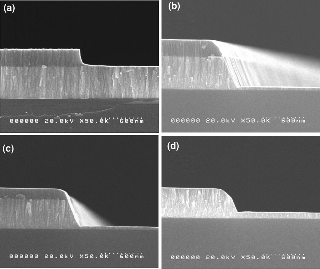 High Density Plasma Etching of IrRu Thin Films 175 Figure 6. Etch profiles of IrRu films etched at different Cl 2 concentrations in a Cl 2 /20% O 2 /Ar.