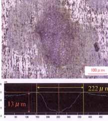 Fig.14 Dimple and MoS2 powder on A6061 alloy substrate using the 410 type stainless steel of 15µm in thickness at a laser intensity of 4.
