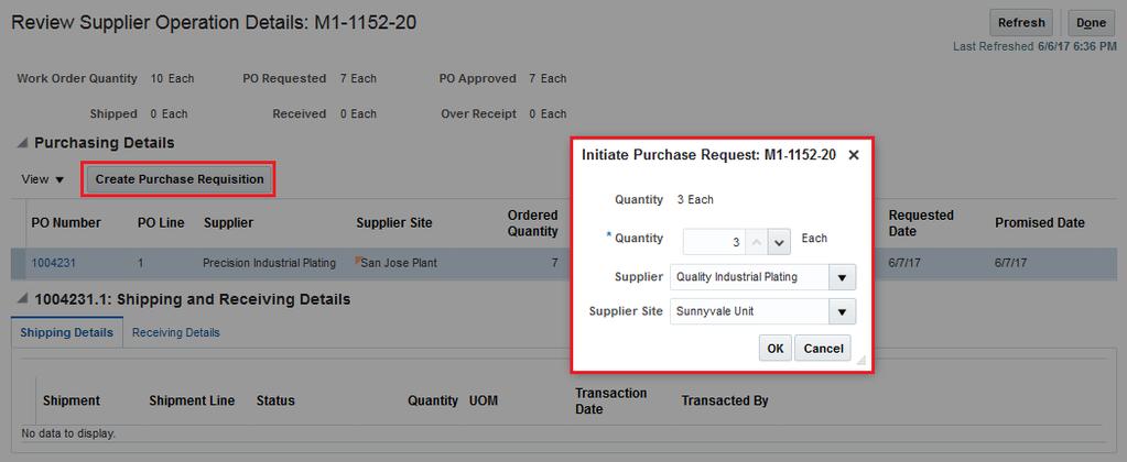 The concerned Production Supervisor can review the exception details and directly navigate to the Review Supplier Operation Details page by clicking on the Supplier Operation hyperlink to reinitiate