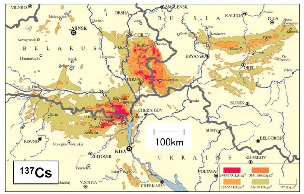 INES preliminary evaluation: Level 7 Comparison of contamination area Chernobyl Fukushima nearly same scale Total I-131: