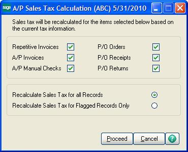 After setting up sales tax information, you may need to modify the sales tax information defined in Sales Tax Class Maintenance, Sales Tax Code Maintenance, or Sales Tax Schedule Maintenance.