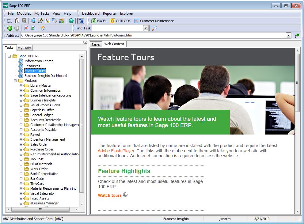 Getting to Know Your Desktop Feature Tours Page From the Feature Tours page, you can watch videos that demonstrate how to perform various Sage 100 ERP tasks such as