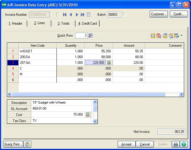 Becoming Familiar with Maintenance and Data Entry Windows Sample Accounts Receivable Line Entry Window For more information about personalizing grids, see the Entering Data tour available on the
