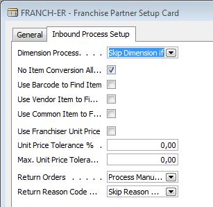 Inbound Process Setup Tab: Dimension Process: A selection field for this entry No Item Conversion Allowed: Checkbox Use Barcode to Find Item: Checkbox Use Vendor Item to Find Item: Checkbox Use