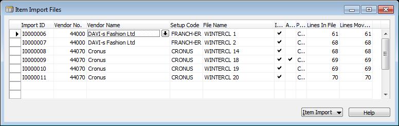 Item Import Files displays: One line for each transfer which has been sent and not yet imported Every line gets its Import ID The number and name of the Vendor/Franchiser which sent the Item Data How