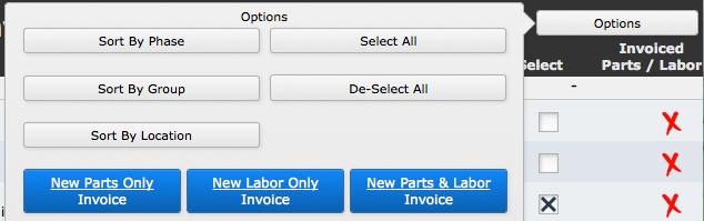 Once you have selected the products you would like to invoice for, it s time to create the invoice. This is done through the Options menu by clicking once of the blue buttons.