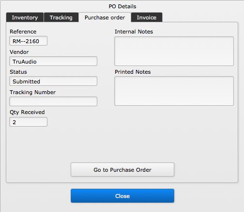 received, etc.) and lets you navigate to the Purchase Order with the Go to Purchase Order button.