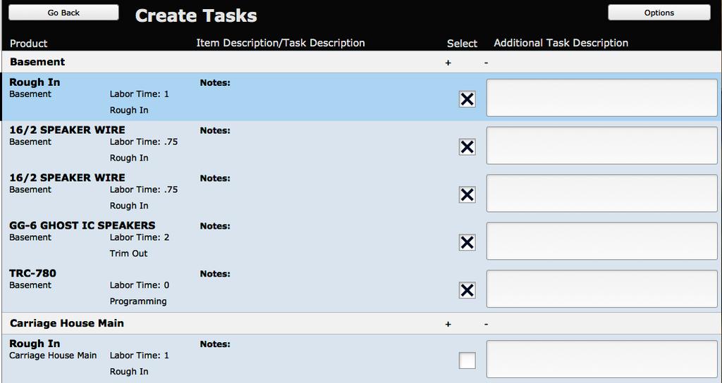 You can select tasks individually by marking the checkbox in the Select column.
