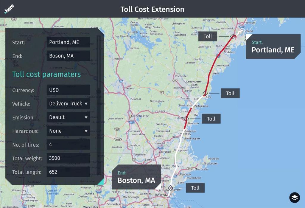Toll Calculation* Determines Toll Cost for a route Enables efficient planning of any trip containing multiple stops Leverages the Waypoints Sequence Extension
