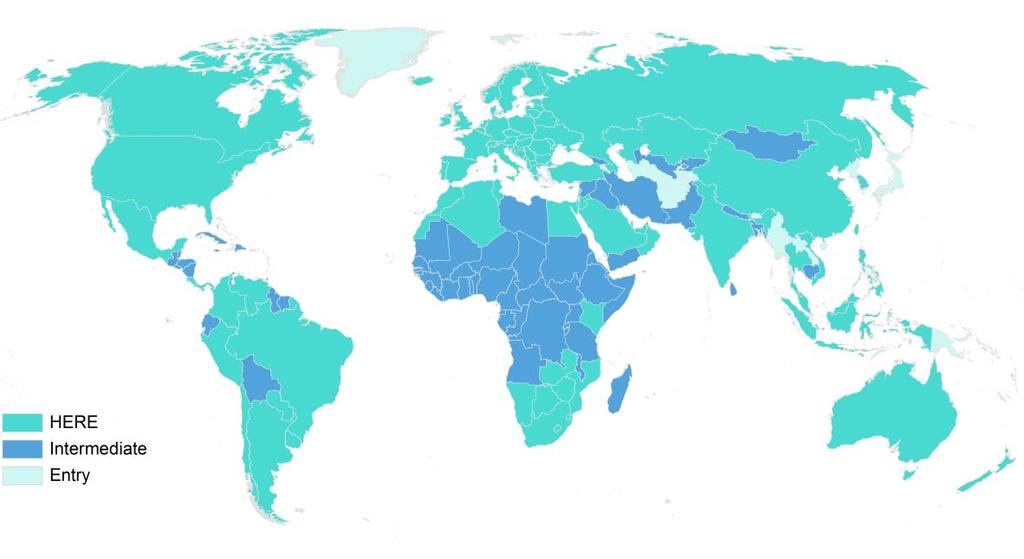 World Wide coverage 2018 Counts Global AMER APAC EMEA HERE Map Countries 102 14 14 74 Intermediate Map Countries 75