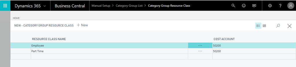 Category Group Resource Class The category group resource class setup table is used in conjunction with the category group and allows the user to override the g/l account based on a category group