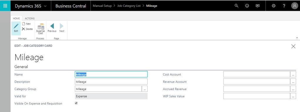 Click Edit in the ribbon to open the Job Category Card. All fields setup on the Job Category list page will be prefilled when the job category card is opened.