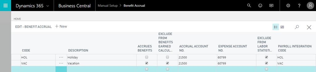 Benefit Accrual The benefit accrual setup is used to setup the attributes of your PTO codes in NAV.