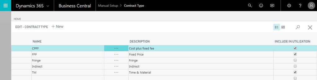 Job Setups Contract Type The contract type table is used to create contract types for projects awarded. Tasks created will default to the project s contract type selected.